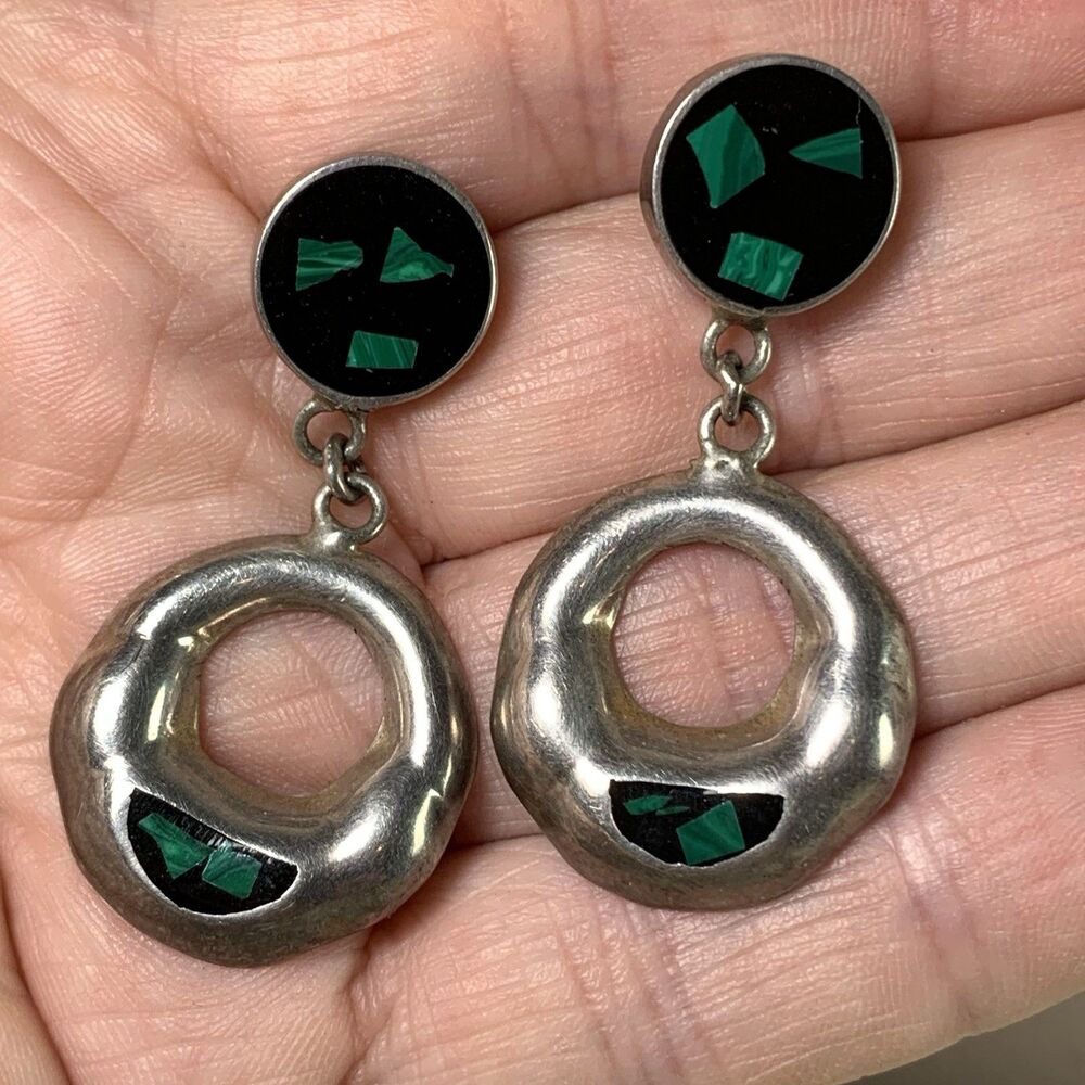 Vintage Taxco 925 Sterling Earrings TS-70 Inlay Malachite Onyx Two Trees Dangle